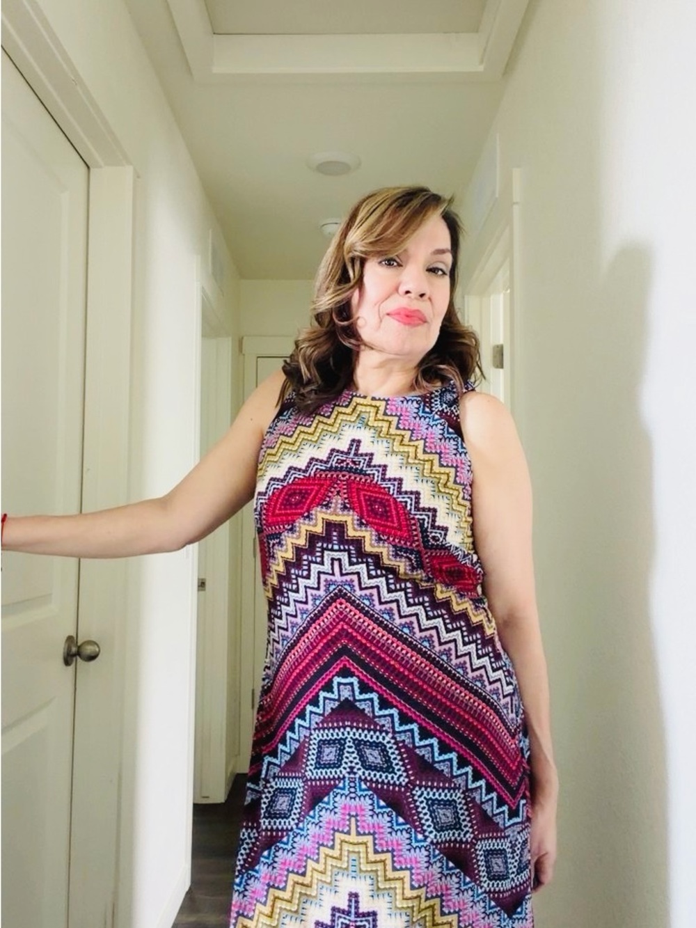 Anne Klein Multicolor Chevron Midi Dress in Red, Yellow, Blue - Picture 2 of 5